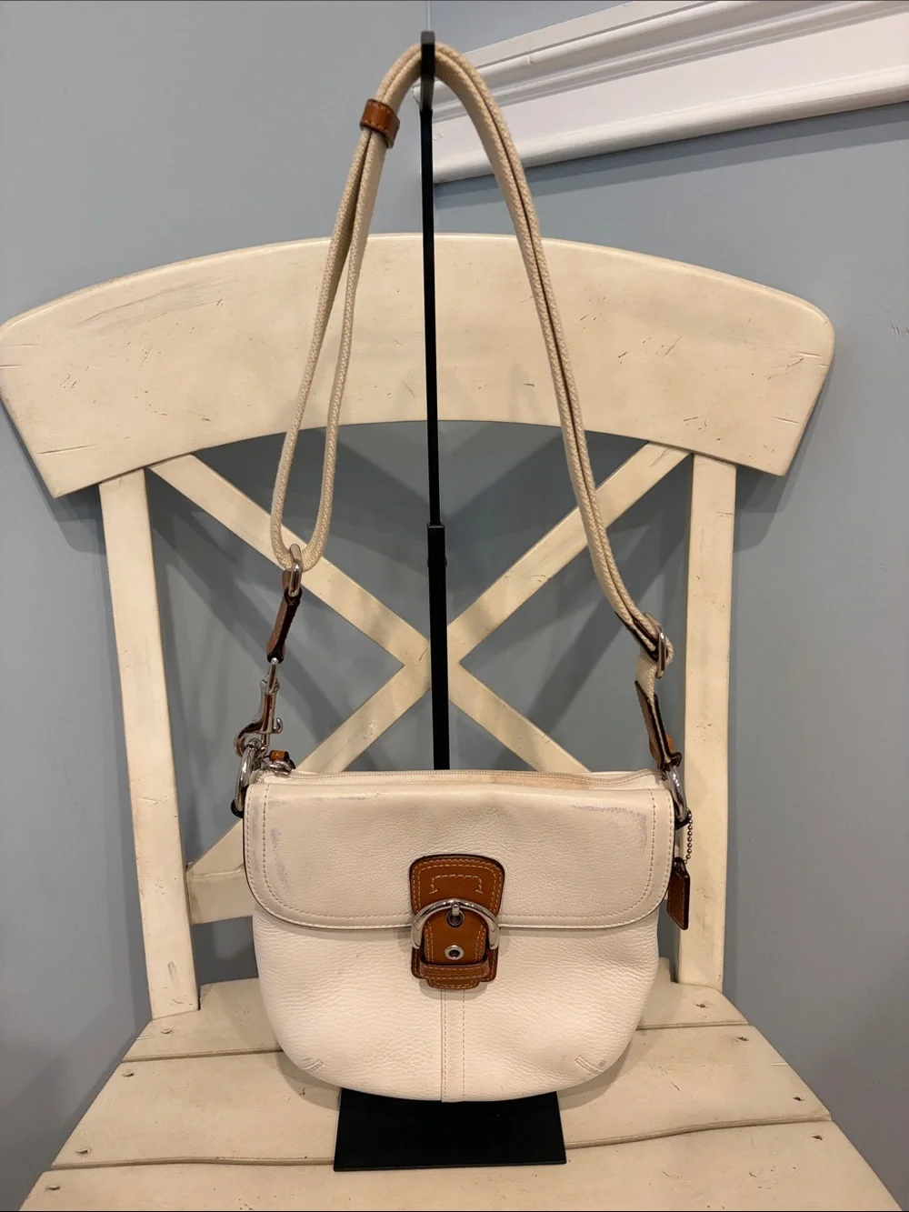 Coach SoHo Leather Crossbody Bag in Cream with Brown Trim